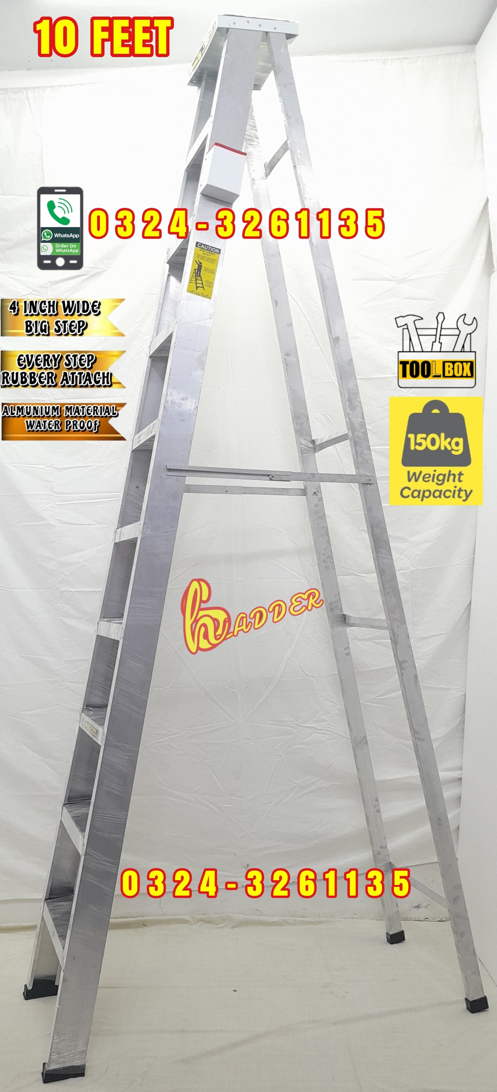 Almunium A Type 10 Feet Step 4 Inch with Tool Box Industrial Ladder