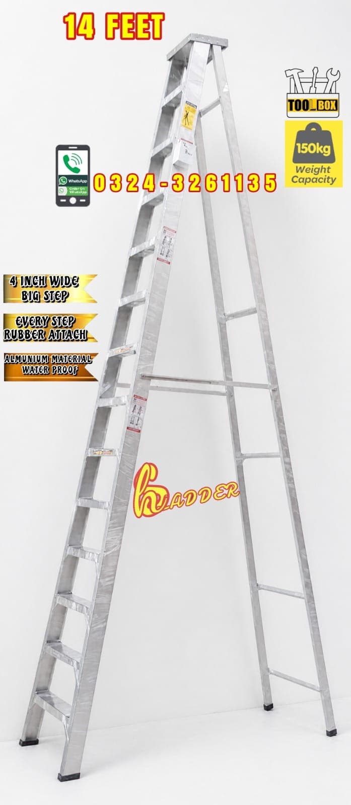 Almunium A Type 14 Feet Side Support 4 Inch with Tool Box Industrial Ladder
