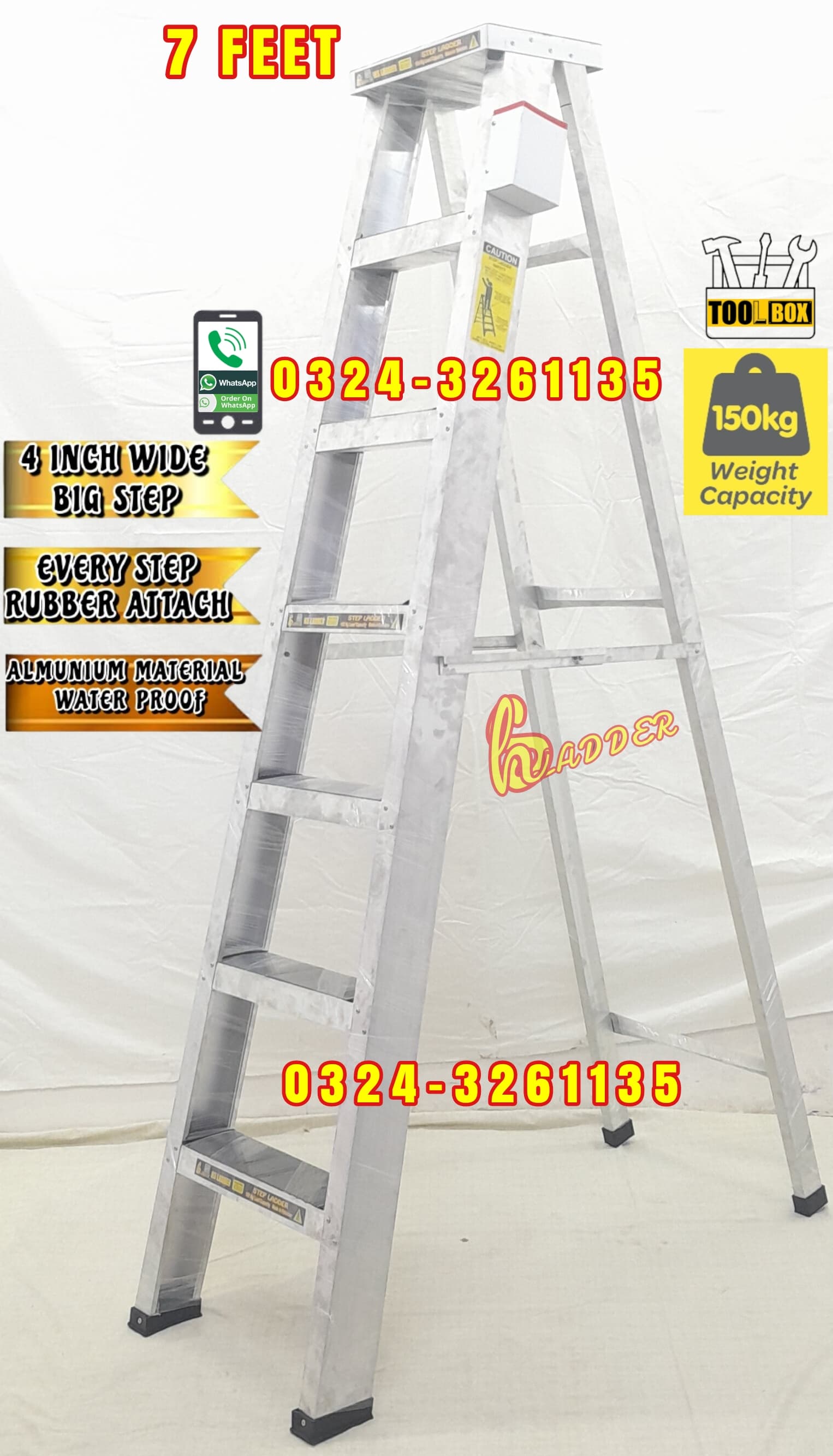 Almunium A Type 7 Feet Step 4 Inch with Tool Box Industrial Ladder