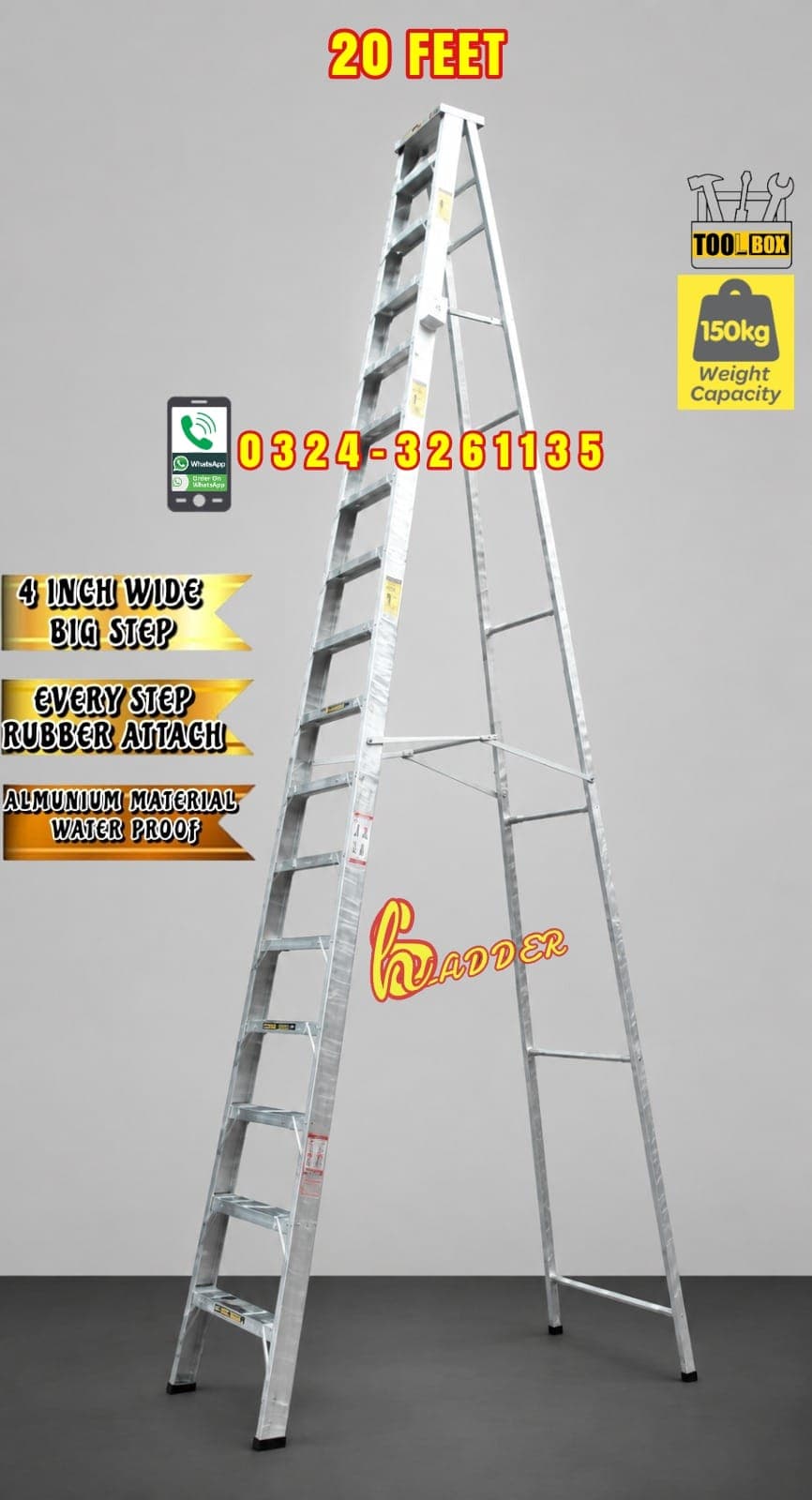 Almunium A Type 20 Feet Side Support 4 Inch with Tool Box Industrial Ladder
