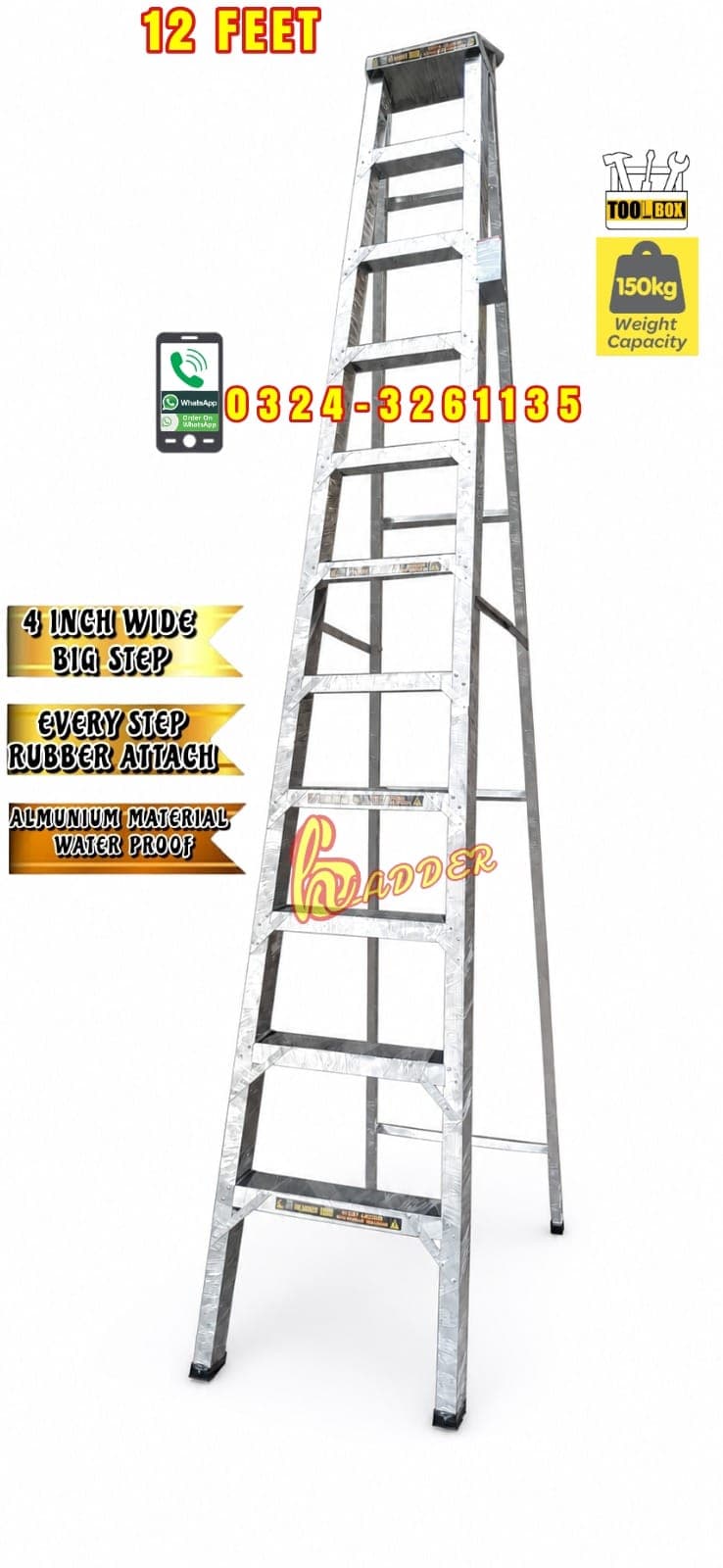 Almunium A Type 12 Feet Side Support 4 Inch with Tool Box Industrial Ladder
