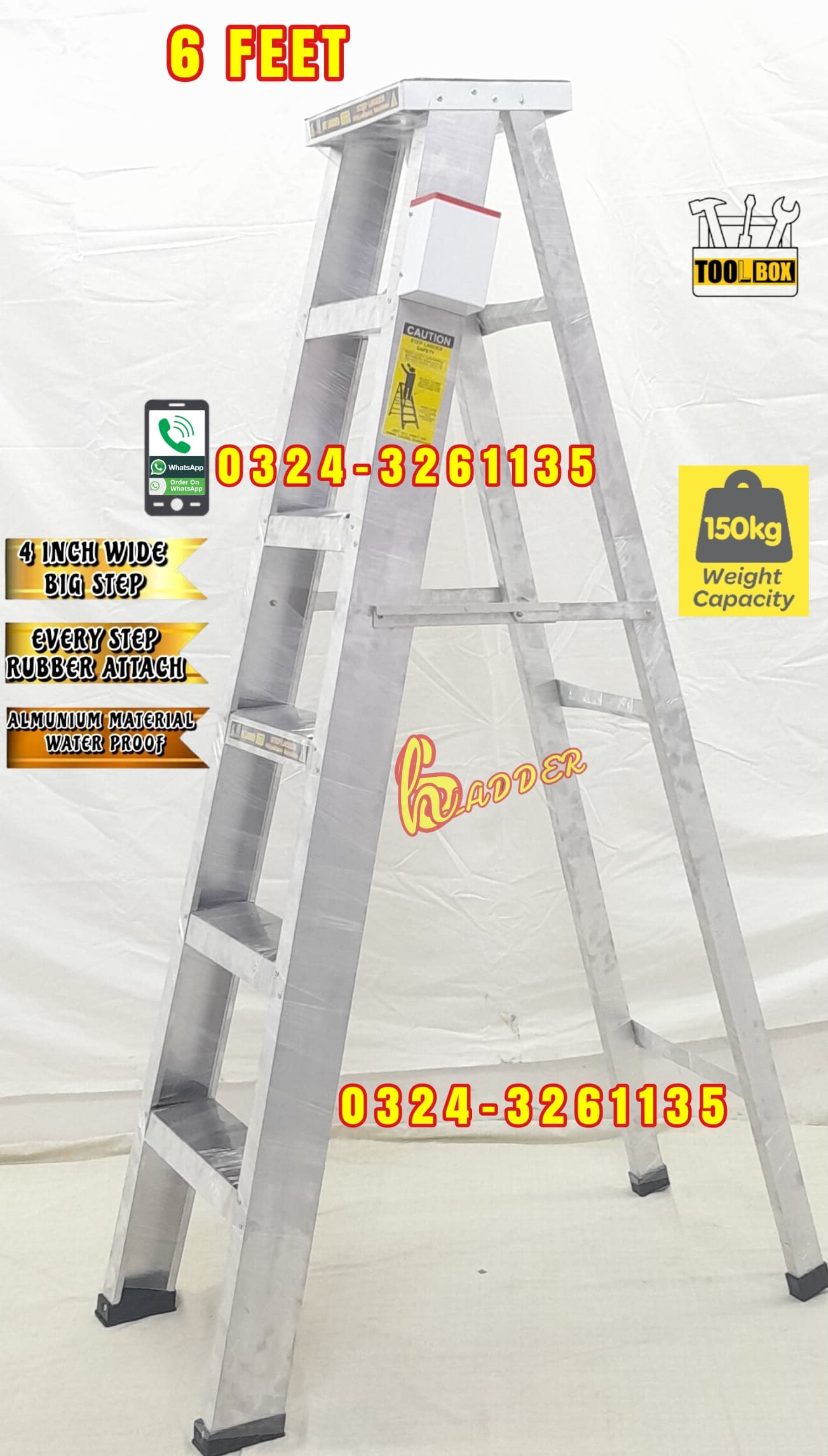 Almunium A Type 6 Feet Step 4 Inch with Tool Box Industrial Ladder