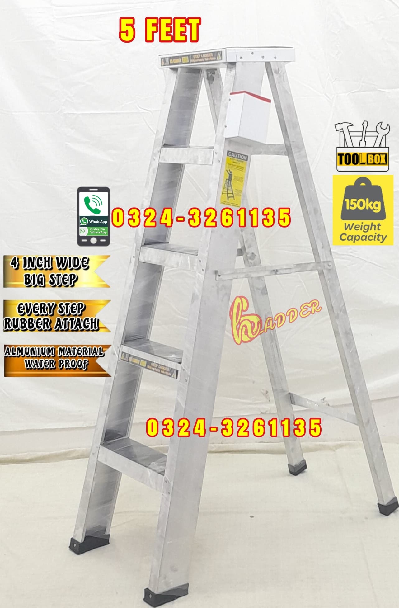 Almunium A Type 5 Feet Step 4 Inch with Tool Box Industrial Ladder