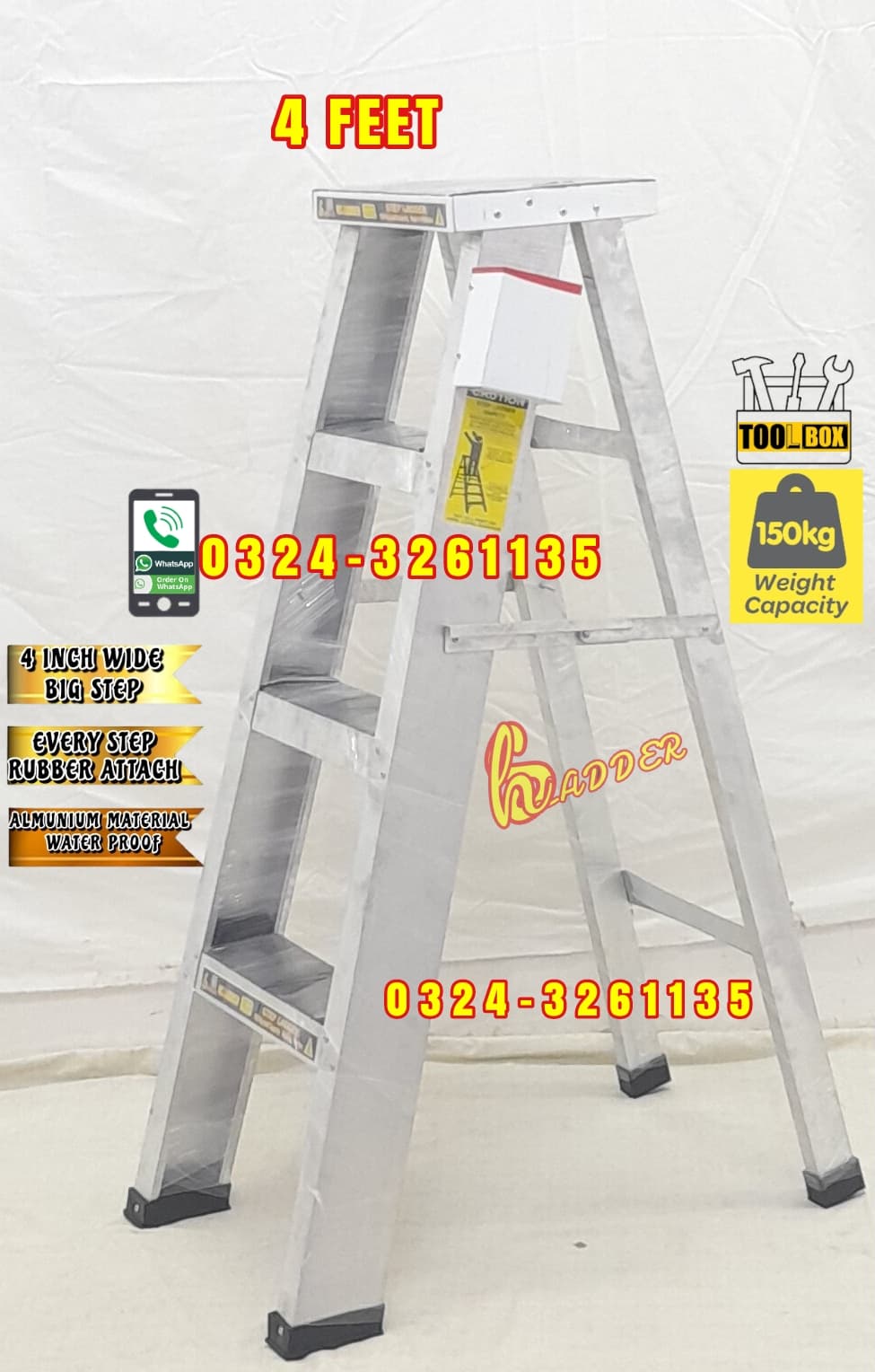 Almunium A Type 4 Feet Step 4 Inch with Tool Box Industrial Ladder