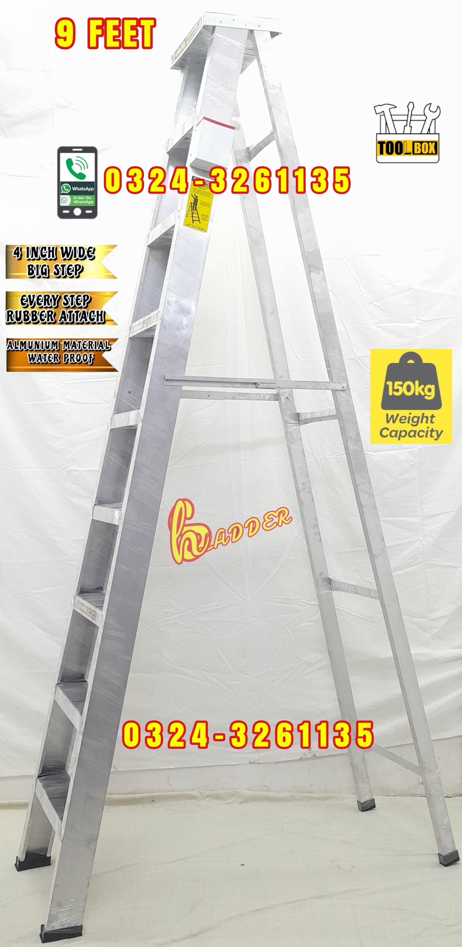 Almunium A Type 9 Feet Step 4 Inch with Tool Box Industrial Ladder